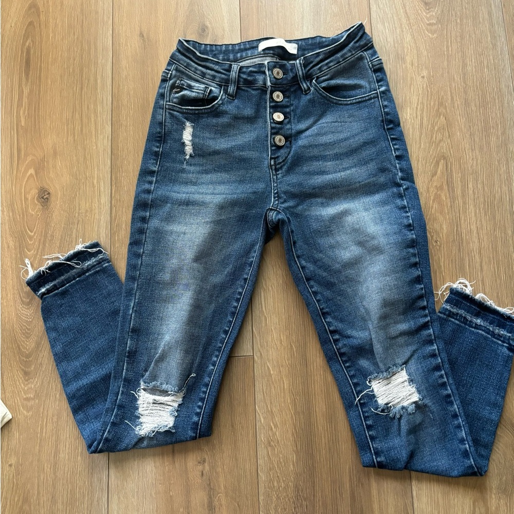 KanCan High Rise Distressed Dark Blue Jeans